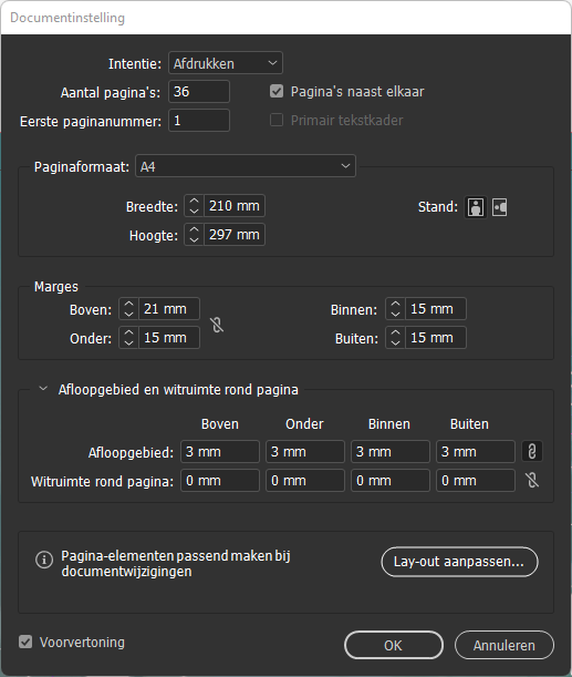 Documentinstelllingen Indesign